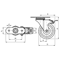 Lenkrollen mit Feststeller, für Aluminium-Konstruktionsprofile, Technische Zeichnung
