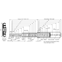 Auszugschienen DP 9301 E, Breite 19,1 mm, bis 272 kg, Vollauszug, stückweise, Technische Zeichnung