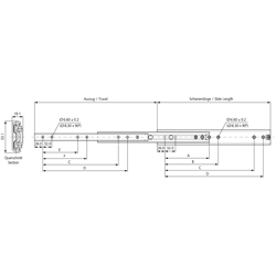 Auszugschienen DS 5321, Breite 19,1 mm, bis 180 kg, Edelstahl, Überauszug, Technische Zeichnung