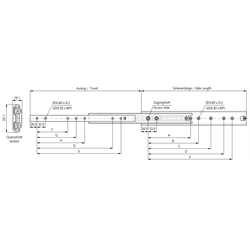Auszugschienen DZ 5321, Breite 19,1 mm, bis 160 kg, Überauszug, Einhalterung, Technische Zeichnung
