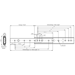 Auszugschienen DZ 0201, Breite 9,5 mm, bis 50 kg, Teilauszug, Technische Zeichnung