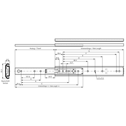 Auszugschienen DZ 0204, Breite 9,5 mm, bis 65 kg, Teilauszug, Technische Zeichnung