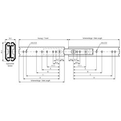 Auszugschienen DZ 0301, Breite 19,1 mm, bis 70 kg, Überauszug, Technische Zeichnung