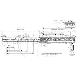 Auszugschienen DB 2132, Breite 12,7 mm, bis 50 kg, Teilauszug, Technische Zeichnung