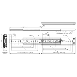 Auszugschienen DZ 3307, Breite 12,7 mm, bis 68 kg, Überauszug, Technische Zeichnung