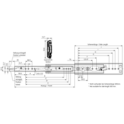 Auszugschienen DZ 3308, Breite 12,7 mm, bis 68 kg, Überauszug, Technische Zeichnung