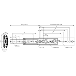 Auszugschienen DZ 3607, Breite 19,1 mm, bis 120 kg, Vollauszug, Technische Zeichnung
