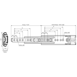 Auszugschienen DZ 5321 SC, Breite 19,1 mm, bis 120 kg, Überauszug, Selbsteinzug, Technische Zeichnung