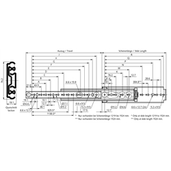 Auszugschienen DZ 9301 E, Breite 19,1 mm, bis 272 kg, Vollauszug, stückweise, Technische Zeichnung