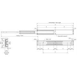 Auszugschienen DA 4160, Breite 26,5 mm, bis 300 kg, Vollauszug, Technische Zeichnung