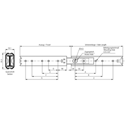 Auszugschienen DS 0330, Breite 19,1 mm, bis 80 kg, Edelstahl, Vollauszug, Technische Zeichnung