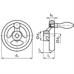 Speichen-Handräder DIN 950 aus Grauguss mit Gewindeauge, Technische Zeichnung