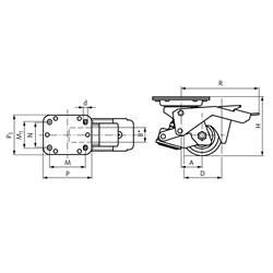 Heberollen mit Lochplatte, mit schwenkendem Hebel, Lauffläche Kunststoff, Technische Zeichnung