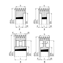 Keilriemenscheiben für Taper-Spannbuchsen, Profil A, SPA und XPA (13), 5-rillig, Technische Zeichnung