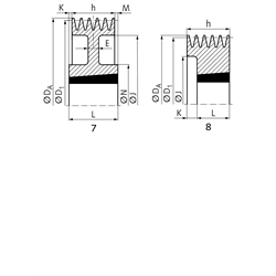 Keilriemenscheiben für Taper-Spannbuchsen, Profil A, SPA und XPA (13), 5-rillig, Technische Zeichnung