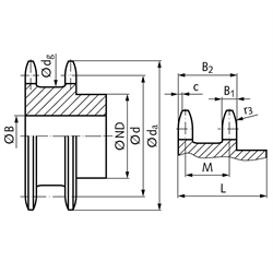 Doppel-Kettenräder ZRENG mit Nabe für zwei Einfach-Rollenketten 10 B-1, Technische Zeichnung