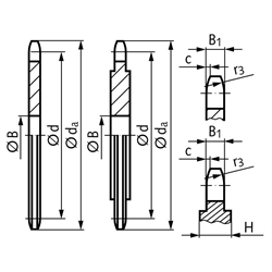Kettenradscheiben KRL ohne Nabe, 05 B-1, Teilung 8 mm, Technische Zeichnung