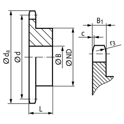 Kettenrad KRS mit einseitiger Nabe   24 B-1   1 1/2x1"   21 Zähne   Mat. Stahl     , Technische Zeichnung