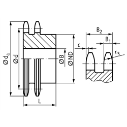 Zweifach-Kettenräder ZRR Edelstahl, mit einseitiger Nabe, ISO 06 B-2, Teilung 3/8 x 7/32“  , Technische Zeichnung
