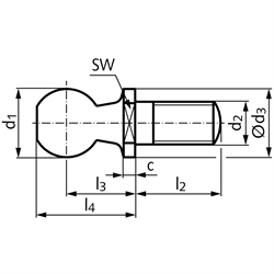Kugelzapfen DIN 71803 mit Gewindezapfen, Edelstahl, Technische Zeichnung