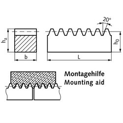 Zahnstangen Messing gerade verzahnt, Modul 0,3 bis 1, Technische Zeichnung