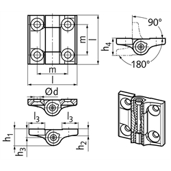 Scharniere M437, Edelstahl mit einstellbarer Friktion, Technische Zeichnung
