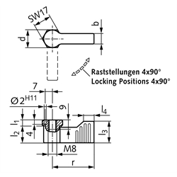 Sperrriegel 679 mit Innengewinde, Technische Zeichnung
